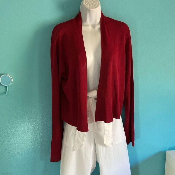 Eileen Fisher Womens Size M Cropped Open Front Dark Red Knit Cardigan Sweater - Picture 1 of 11